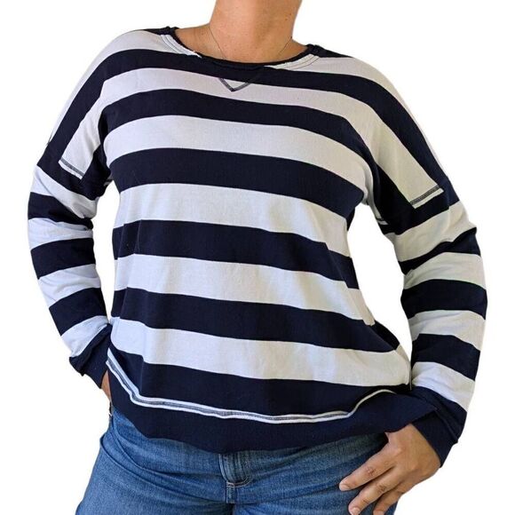 Crown & Ivy White Navy Striped Crewneck Pullover Sweatshirt Women Size Large - Picture 1 of 7